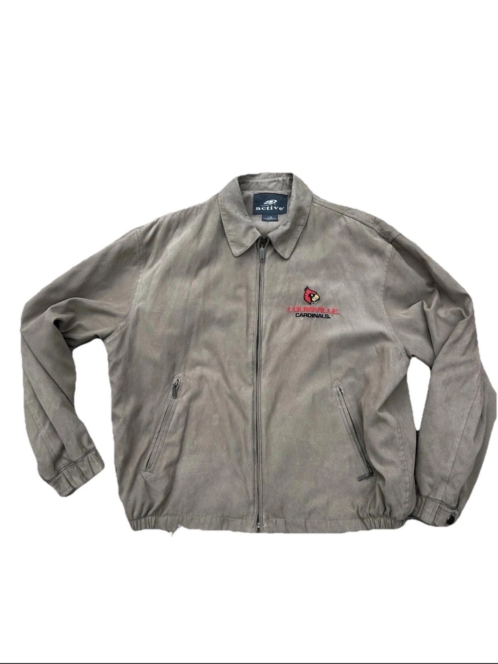 Vtg Active 90s University Of Louisville suede Bomber Jacket Size Large Logo Card